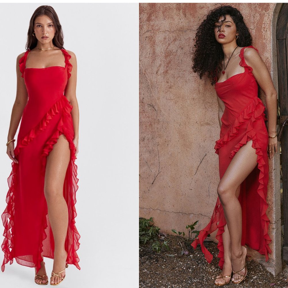 HOUSE OF CB 'Ariela' Cherry Ruffle Maxi Dress NWOT